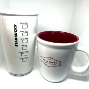 2 STARBUCKS 2006 Red & White Coffee Mug + Ceramic Travel Mug